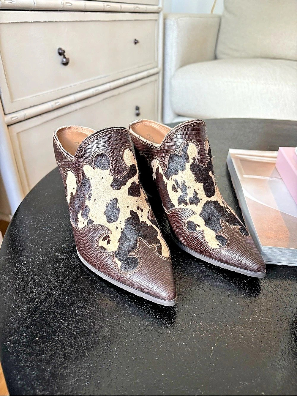 Donald Pliner Pointed Toe Mule Heels in Brown leather & calf hair US 8.5M